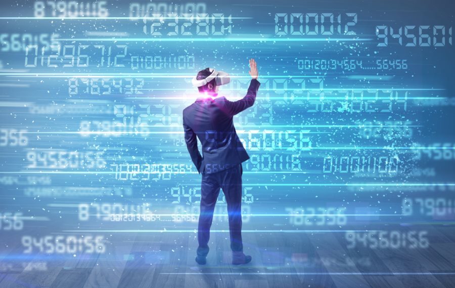 Businessman in vr glasses with variable fast changing numbers around_RD